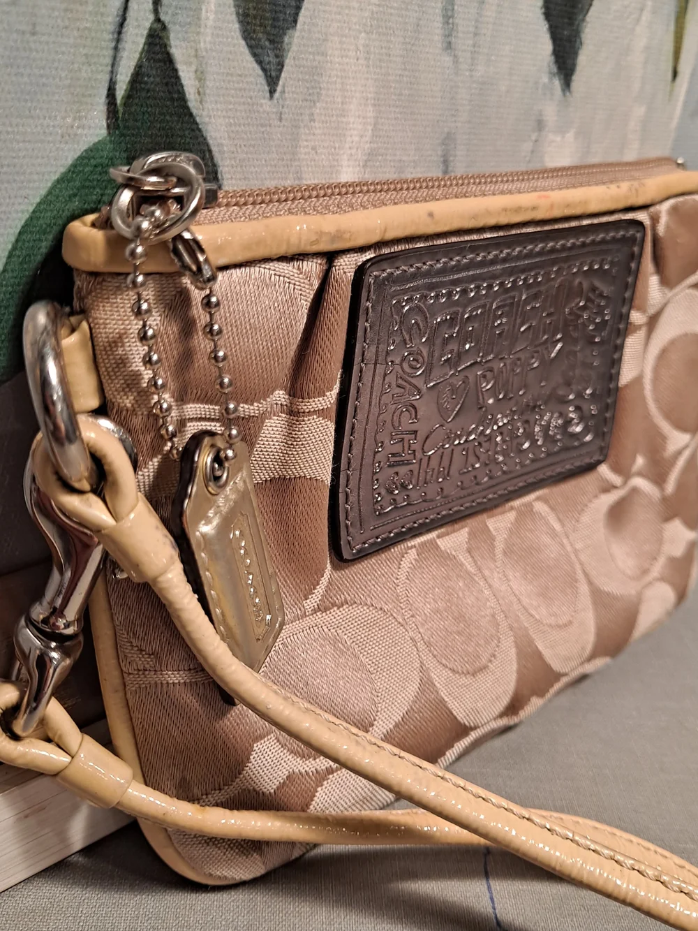 Coach Poppy Signature Khaki Gold Y2k Monogram Jacquard Zip Top Wristlet Pouch